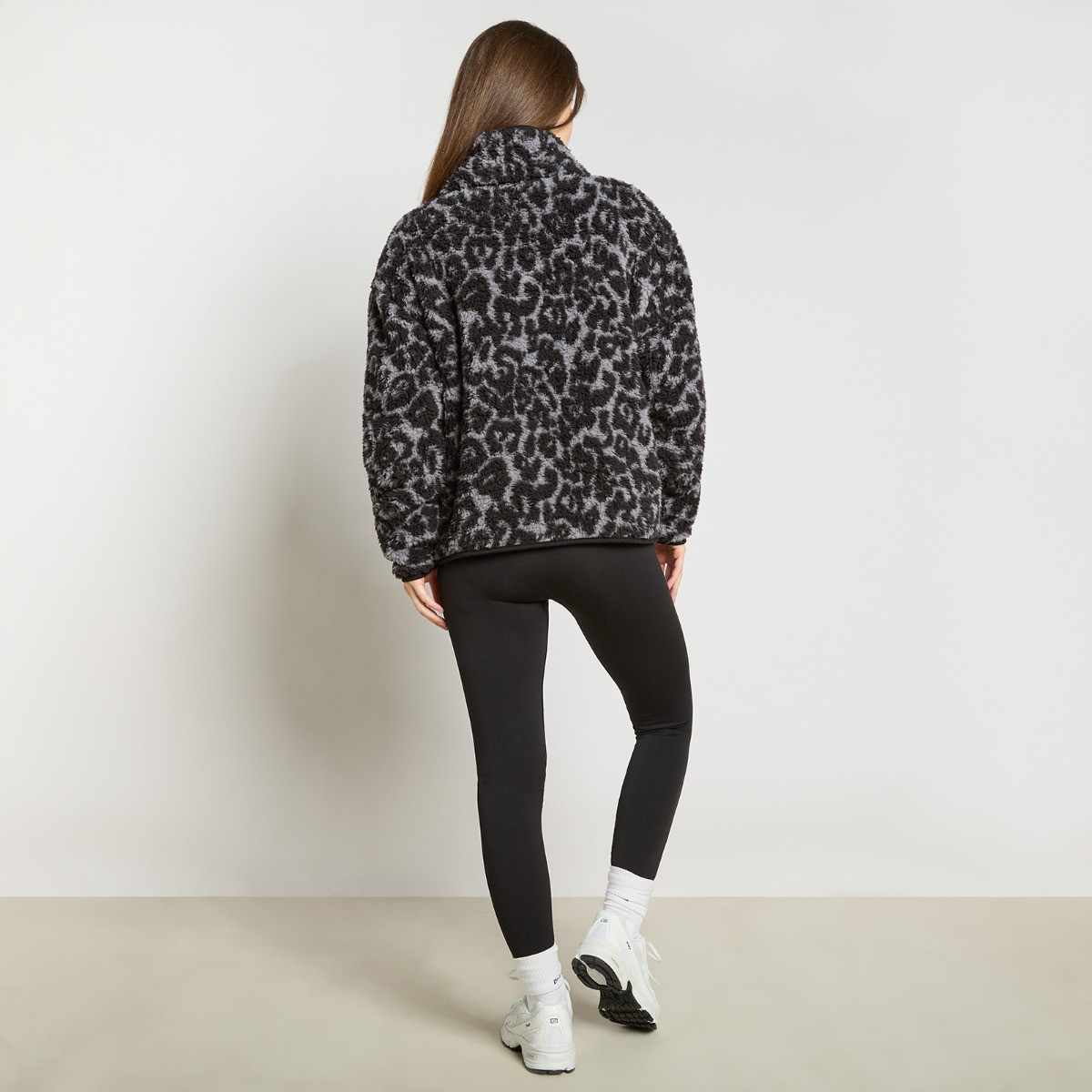 OHS Teddy Leopard Print Half Zip Fleece - Charcoal>