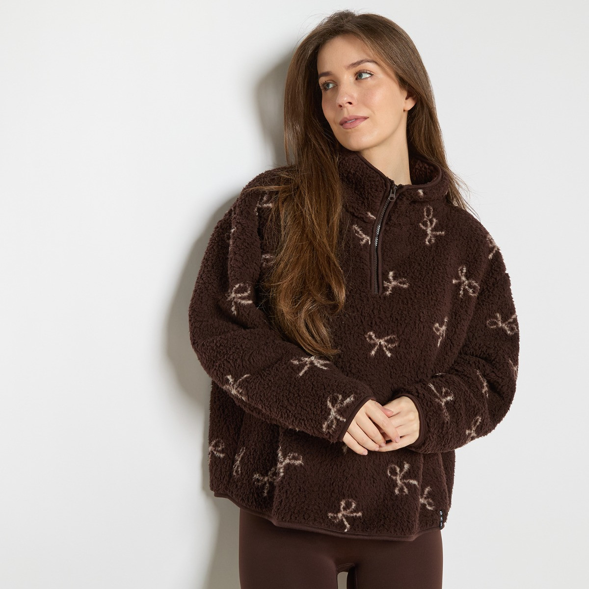 OHS Teddy Bow Print Half Zip Fleece, Chocolate - Small/Medium>
