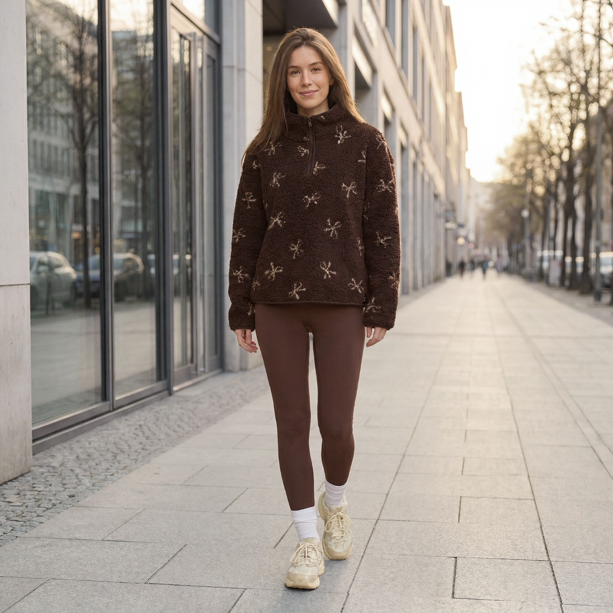 OHS Teddy Bow Print Half Zip Fleece, Chocolate - Small/Medium>
