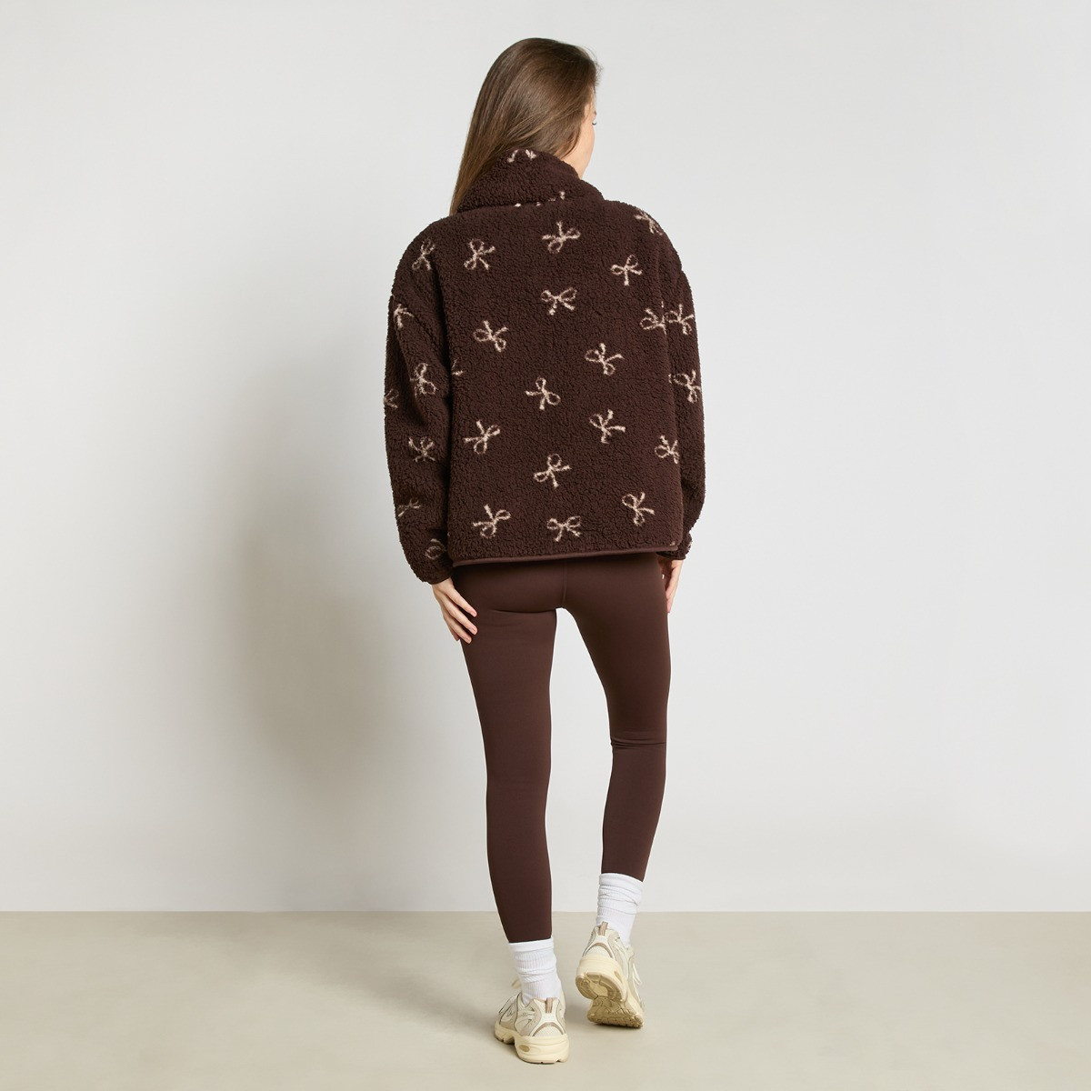 OHS Teddy Bow Print Half Zip Fleece - Chocolate>