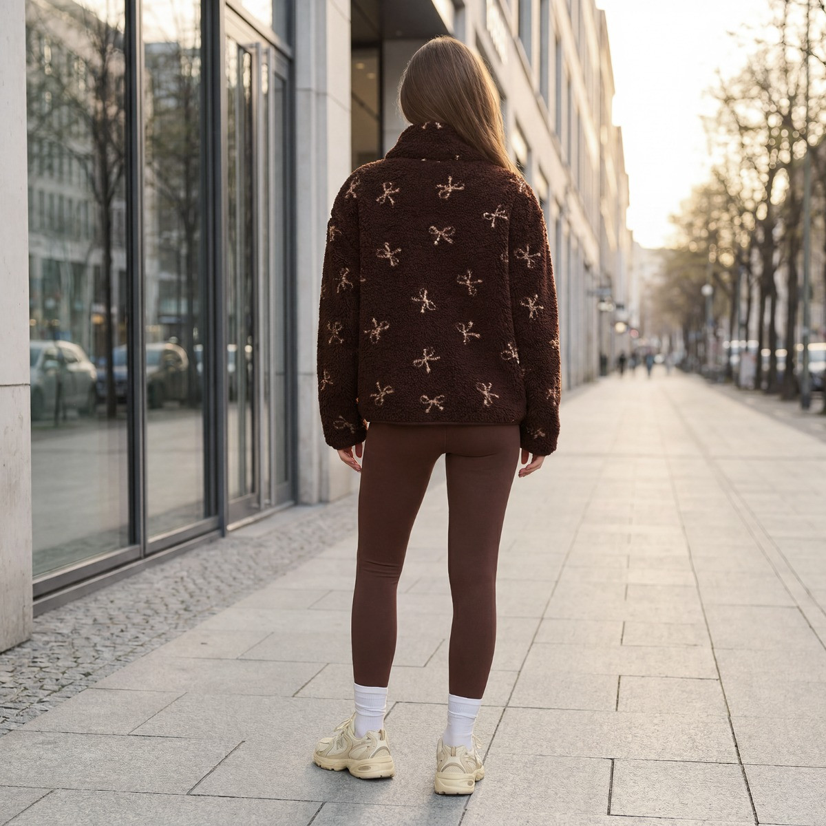 OHS Teddy Bow Print Half Zip Fleece, Chocolate - Small/Medium>