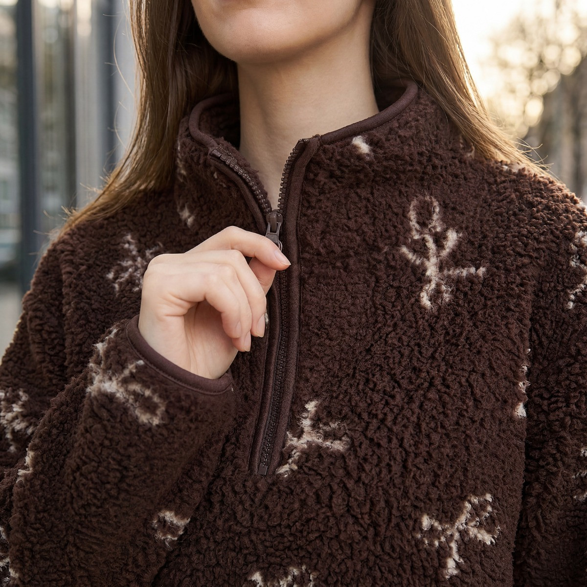 OHS Teddy Bow Print Half Zip Fleece, Chocolate - Small/Medium>