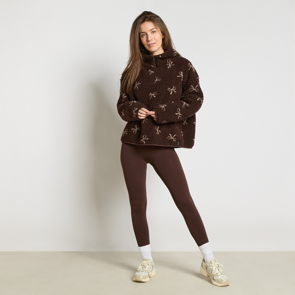 OHS Teddy Bow Print Half Zip Fleece, Chocolate - Small/Medium>