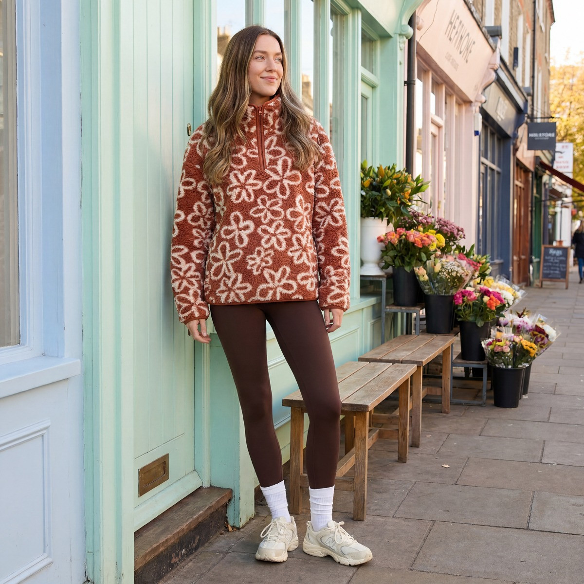 OHS Teddy Flower Print Half Zip Fleece - Rust>