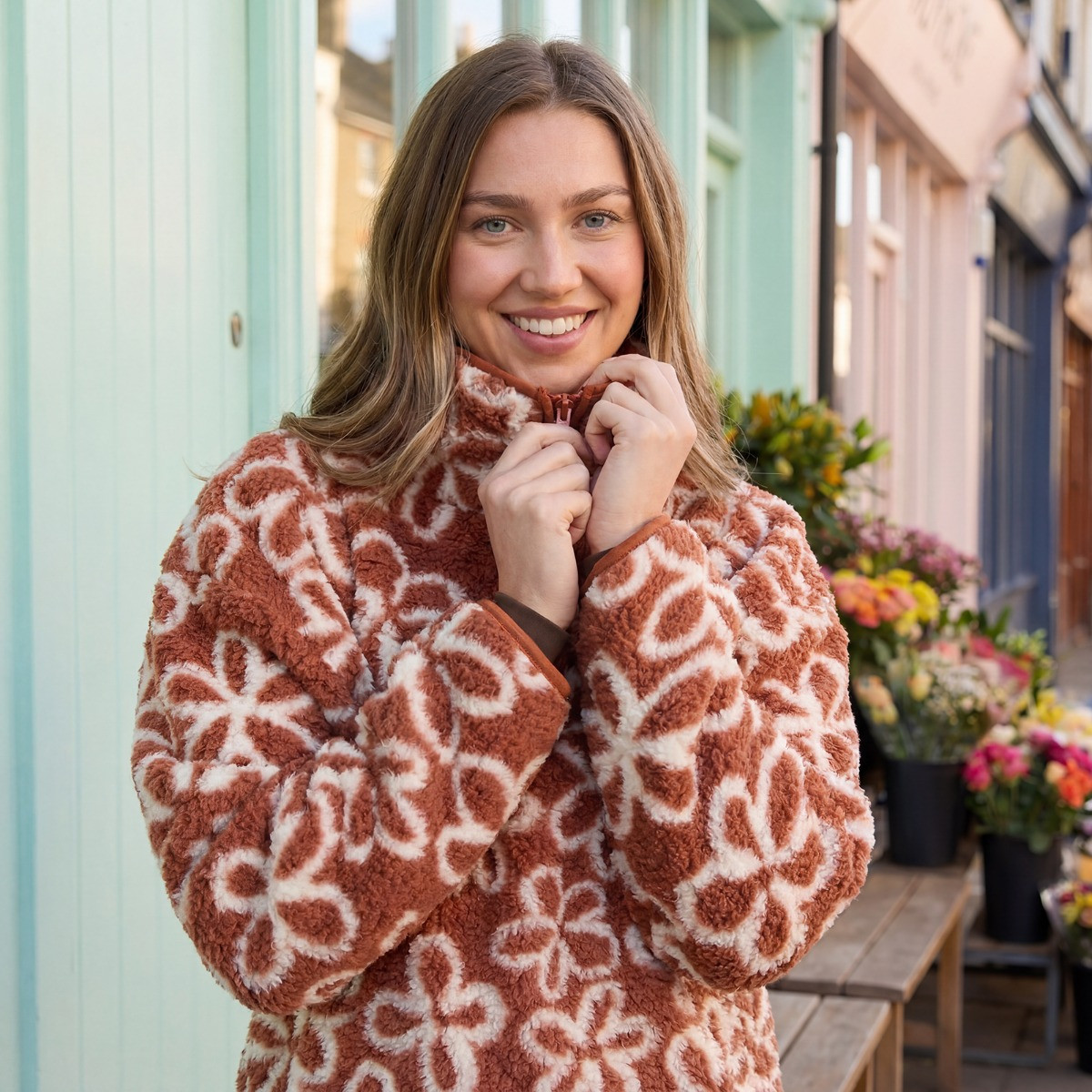 OHS Teddy Flower Print Half Zip Fleece, Rust - Large/Extra Large