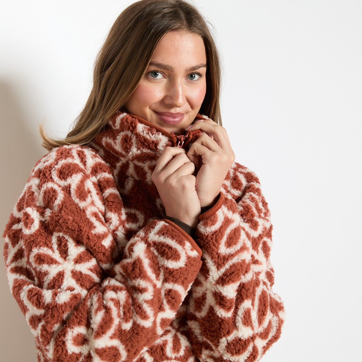 OHS Teddy Flower Print Half Zip Fleece, Rust - Large/Extra Large