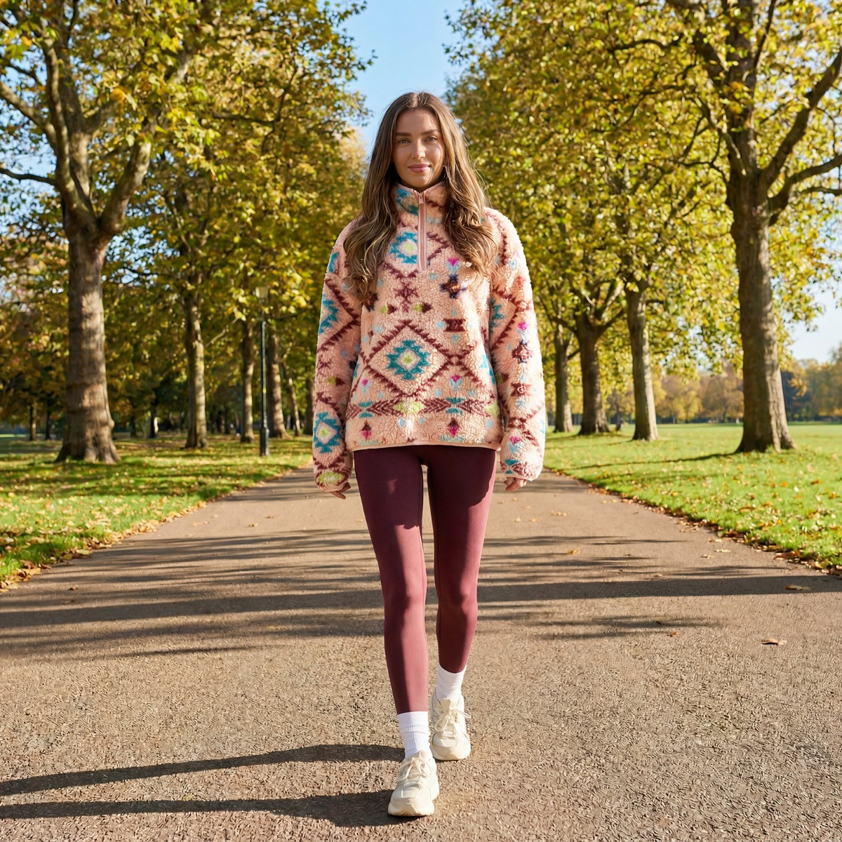 OHS Teddy Aztec Print Half Zip Fleece, Beige - Small/Medium>