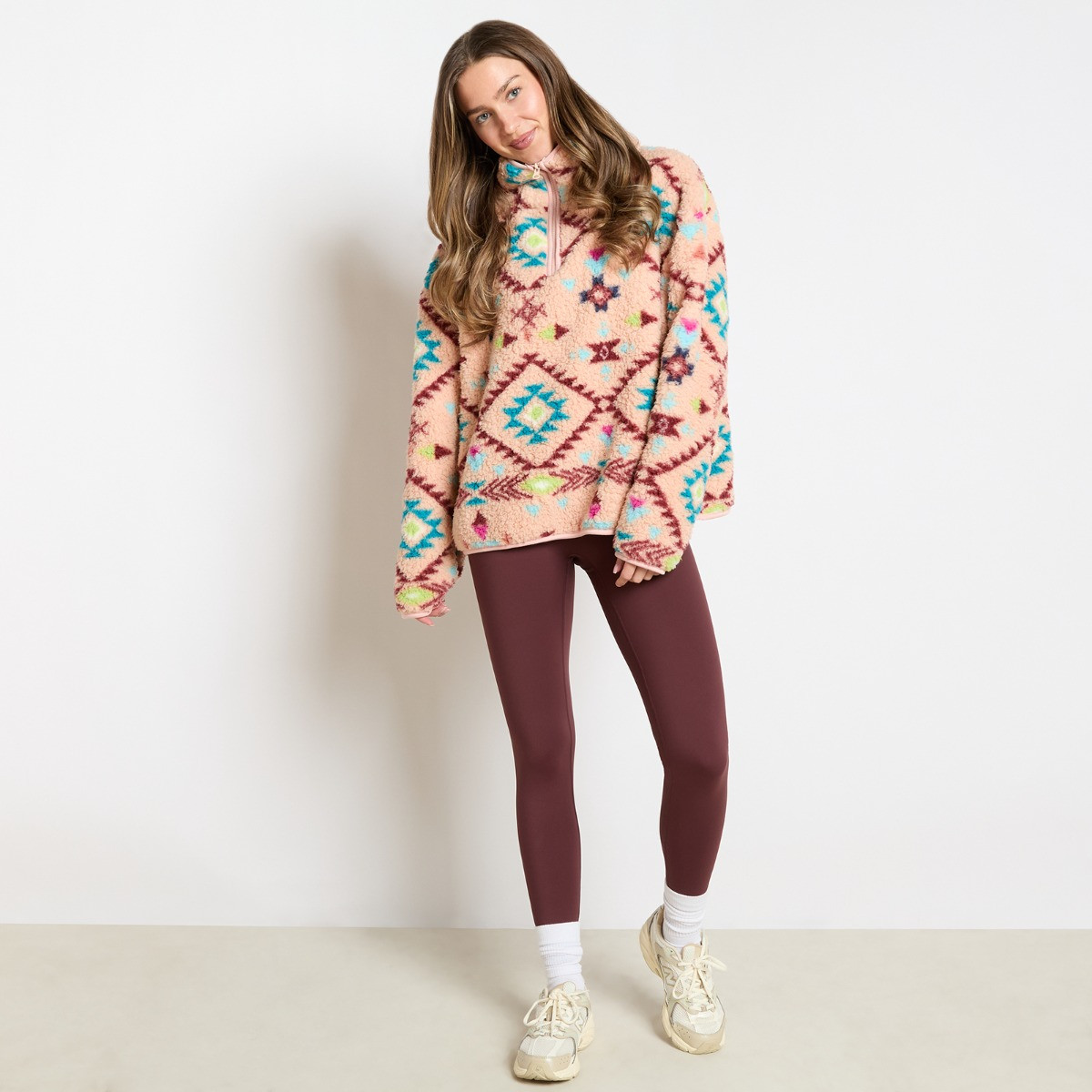 OHS Teddy Aztec Print Half Zip Fleece - Beige>