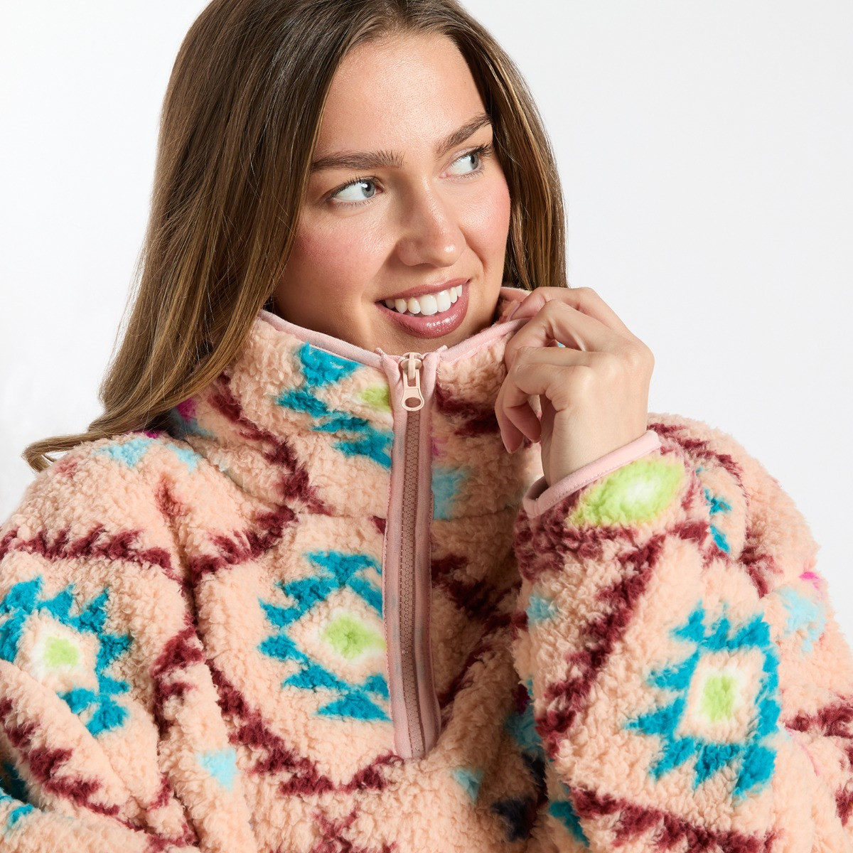 OHS Teddy Aztec Print Half Zip Fleece, Beige - Small/Medium>