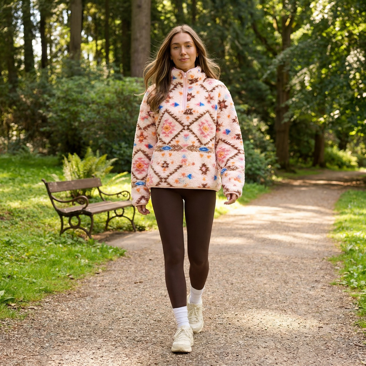 OHS Teddy Aztec Print Half Zip Fleece - Beige/Orange>