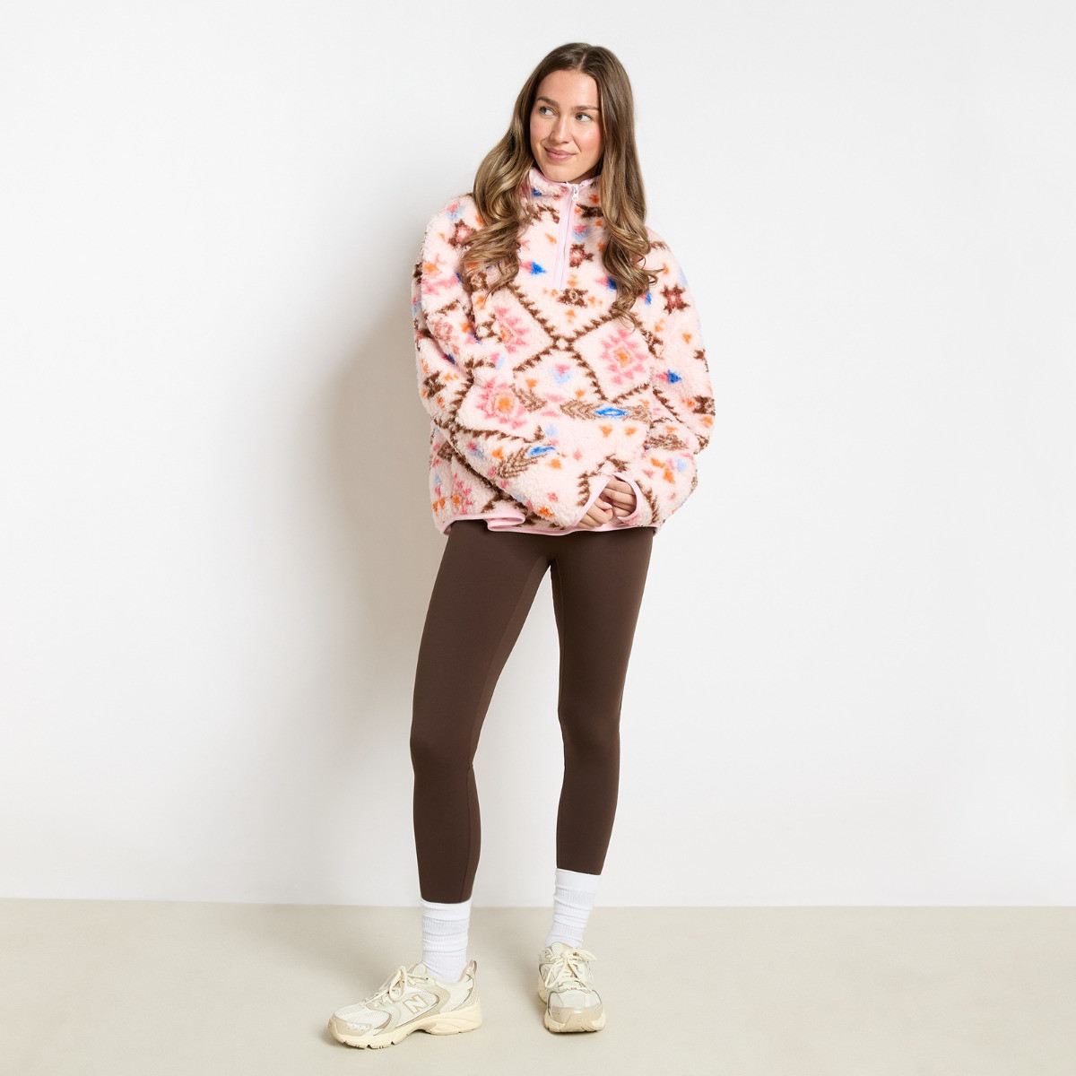 OHS Teddy Aztec Print Half Zip Fleece - Beige/Orange>
