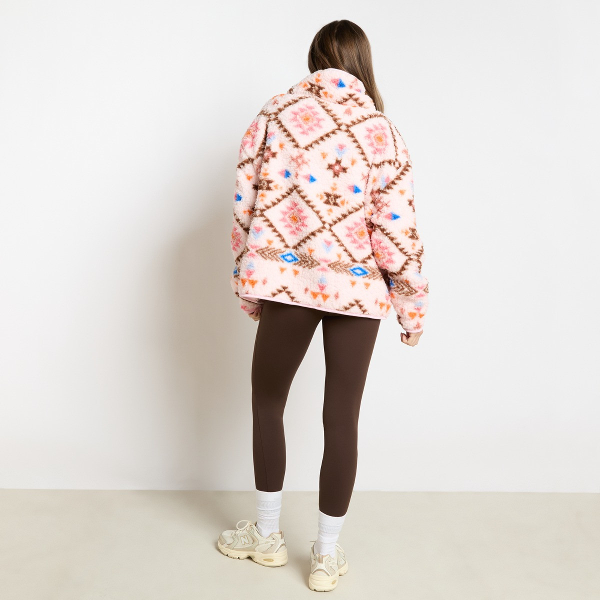 OHS Teddy Aztec Print Half Zip Fleece - Beige/Orange>