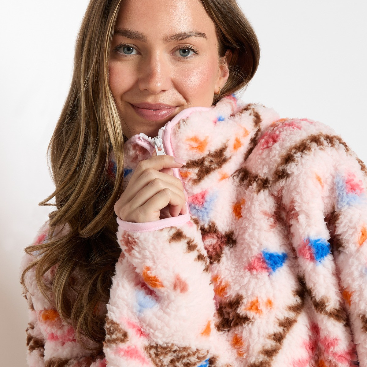 OHS Teddy Aztec Print Half Zip Fleece - Beige/Orange>