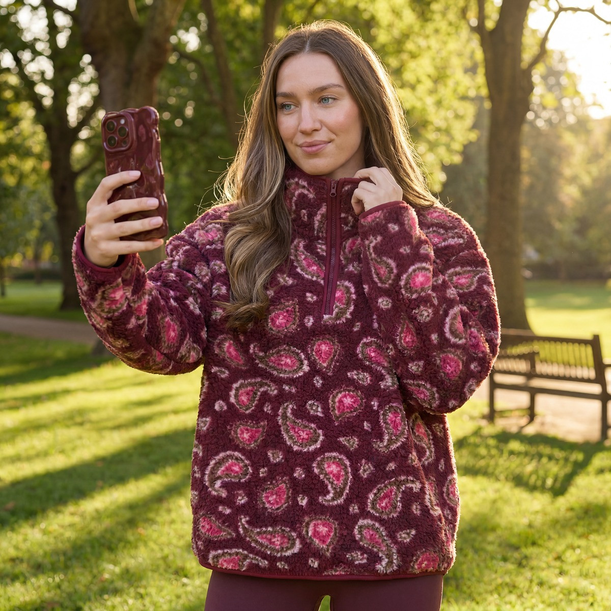 OHS Teddy Paisley Print Half Zip Fleece, Burgundy - Small/Medium