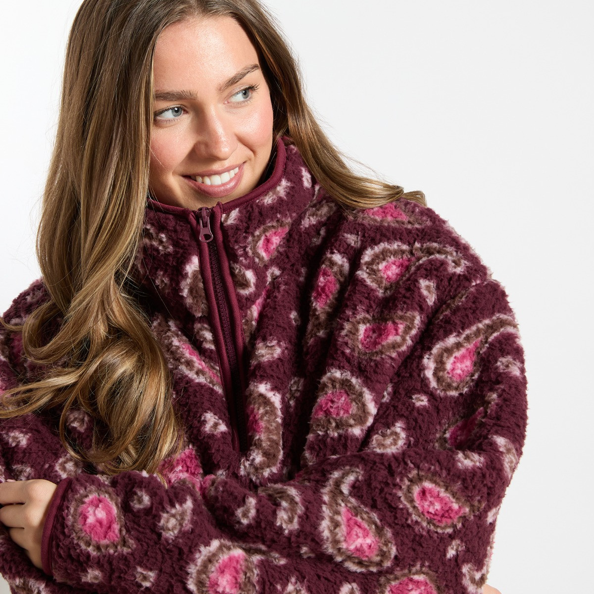 OHS Teddy Paisley Print Half Zip Fleece, Burgundy - Small/Medium