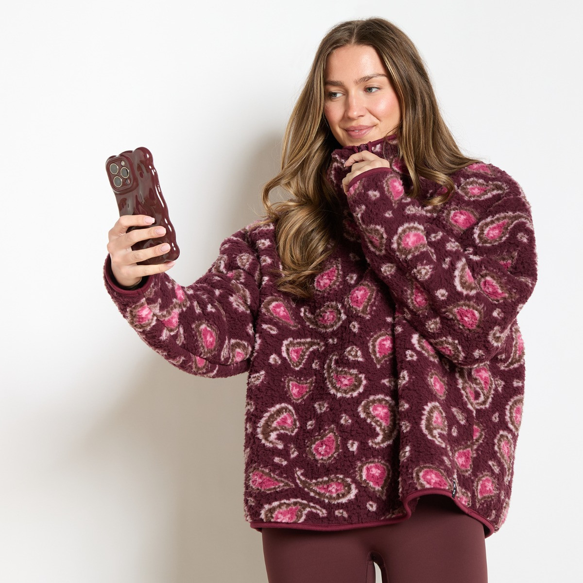 OHS Teddy Paisley Print Half Zip Fleece - Burgundy>