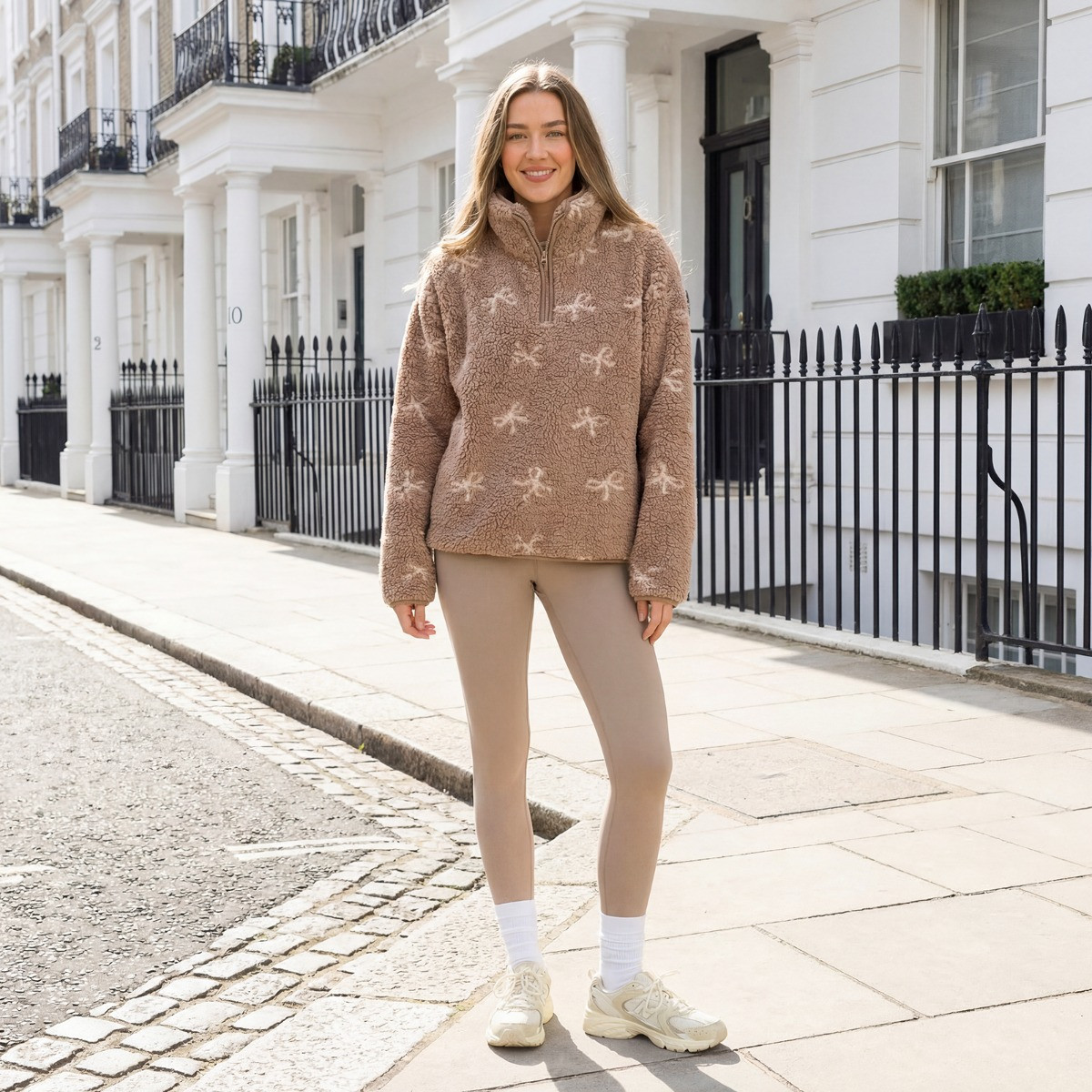 OHS Teddy Bow Print Half Zip Fleece - Brown>