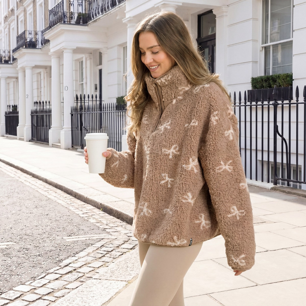 OHS Teddy Bow Print Half Zip Fleece - Brown>