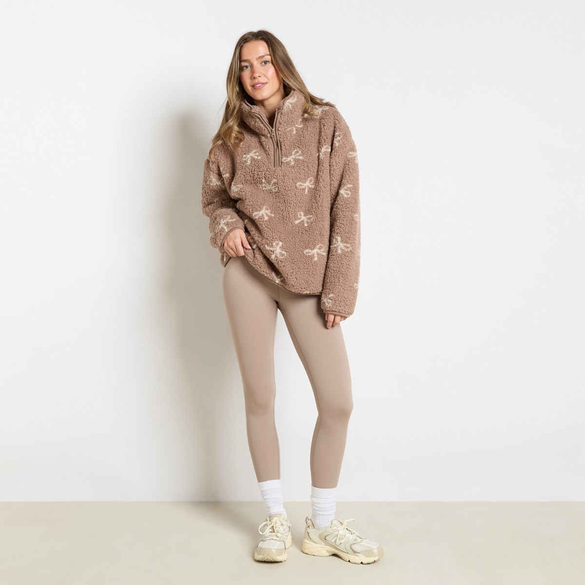 OHS Teddy Bow Print Half Zip Fleece - Brown>