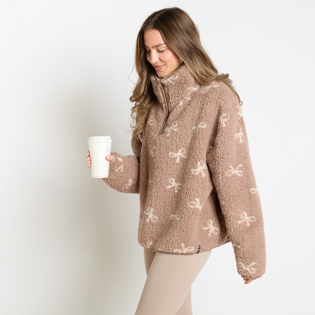 OHS Teddy Bow Print Half Zip Fleece, Brown - Small/Medium>
