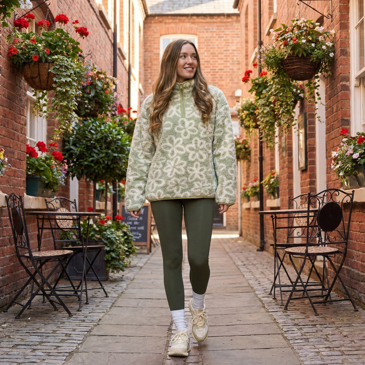 OHS Teddy Flower Print Half Zip Fleece - Sage>