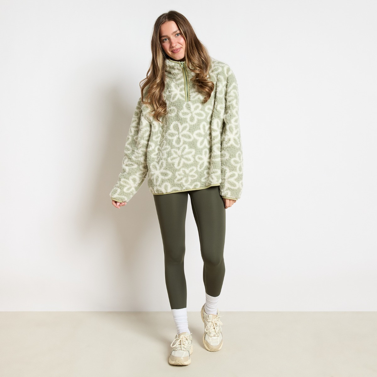 OHS Teddy Flower Print Half Zip Fleece - Sage>