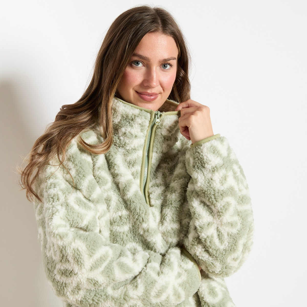 OHS Teddy Flower Print Half Zip Fleece - Sage>