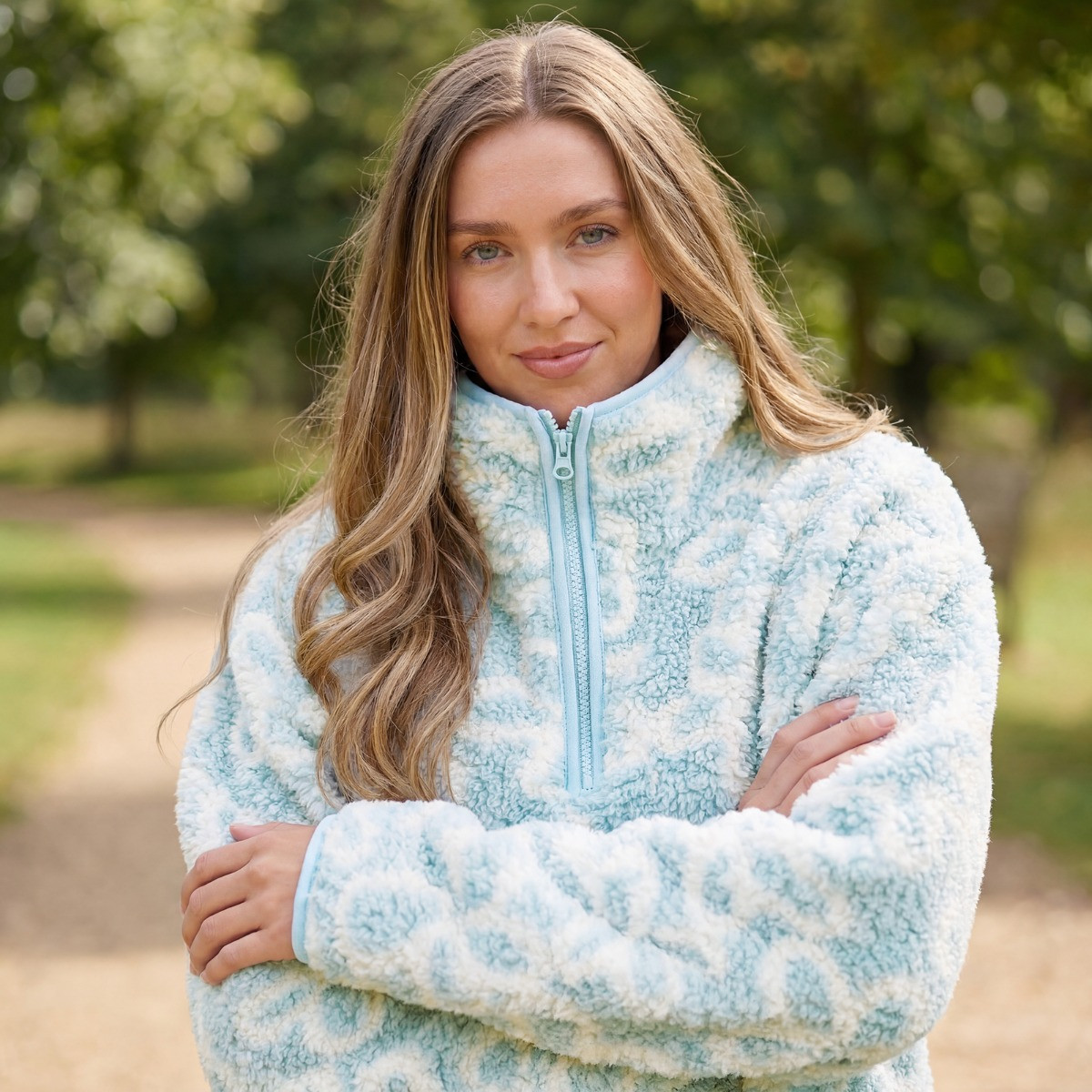 OHS Teddy Flower Print Half Zip Fleece - Blue>