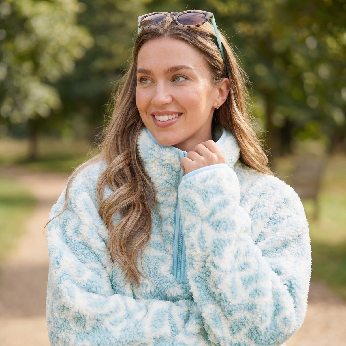 OHS Teddy Flower Print Half Zip Fleece - Blue>