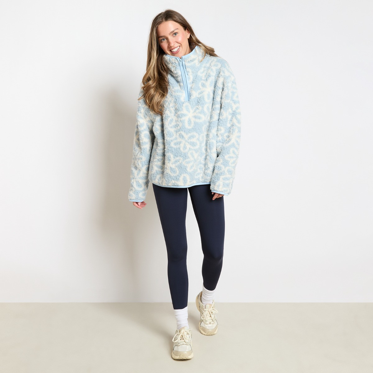 OHS Teddy Flower Print Half Zip Fleece - Blue>