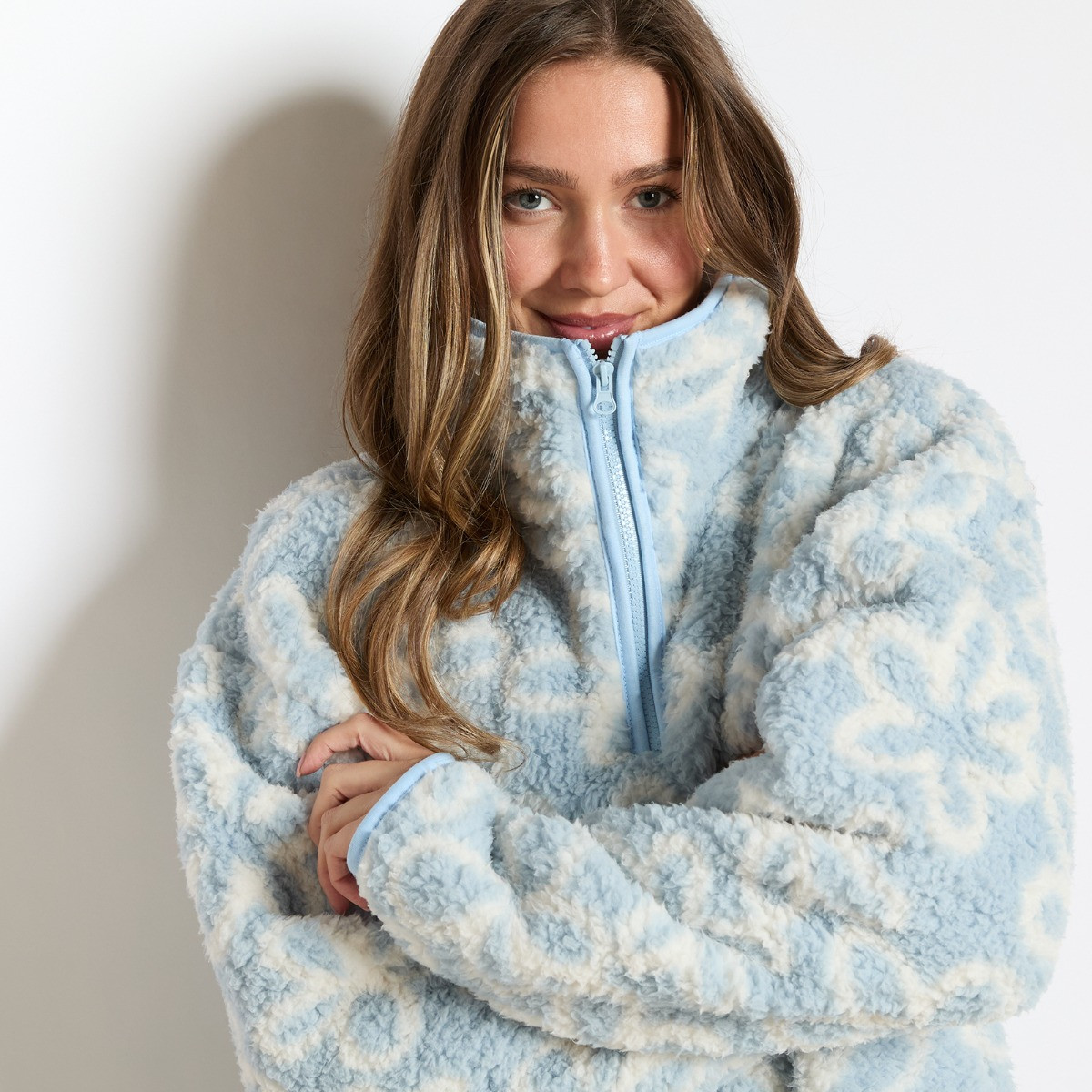 OHS Teddy Flower Print Half Zip Fleece - Blue>