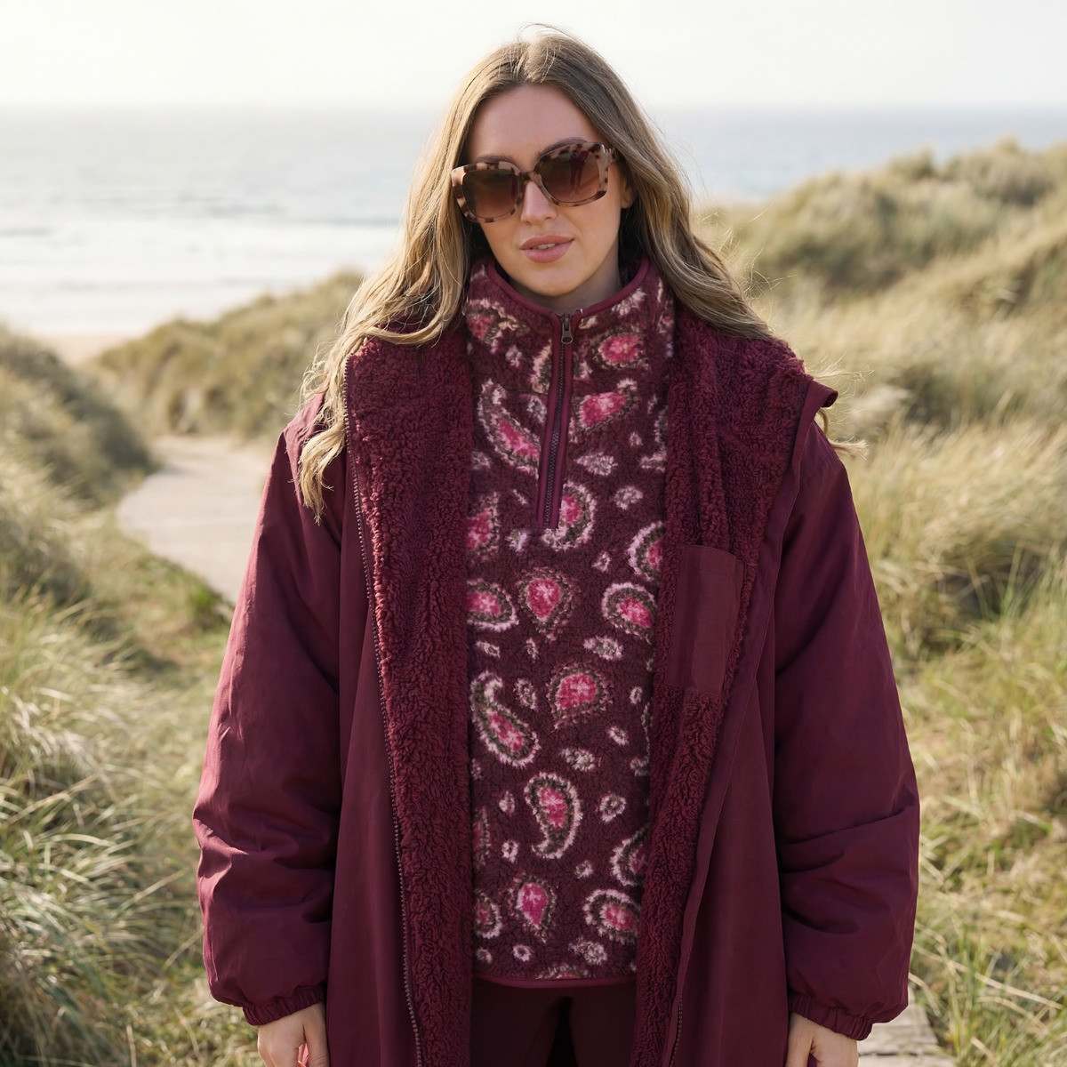 OHS Adults Water Resistant Sherpa Drying Robe - Burgundy>