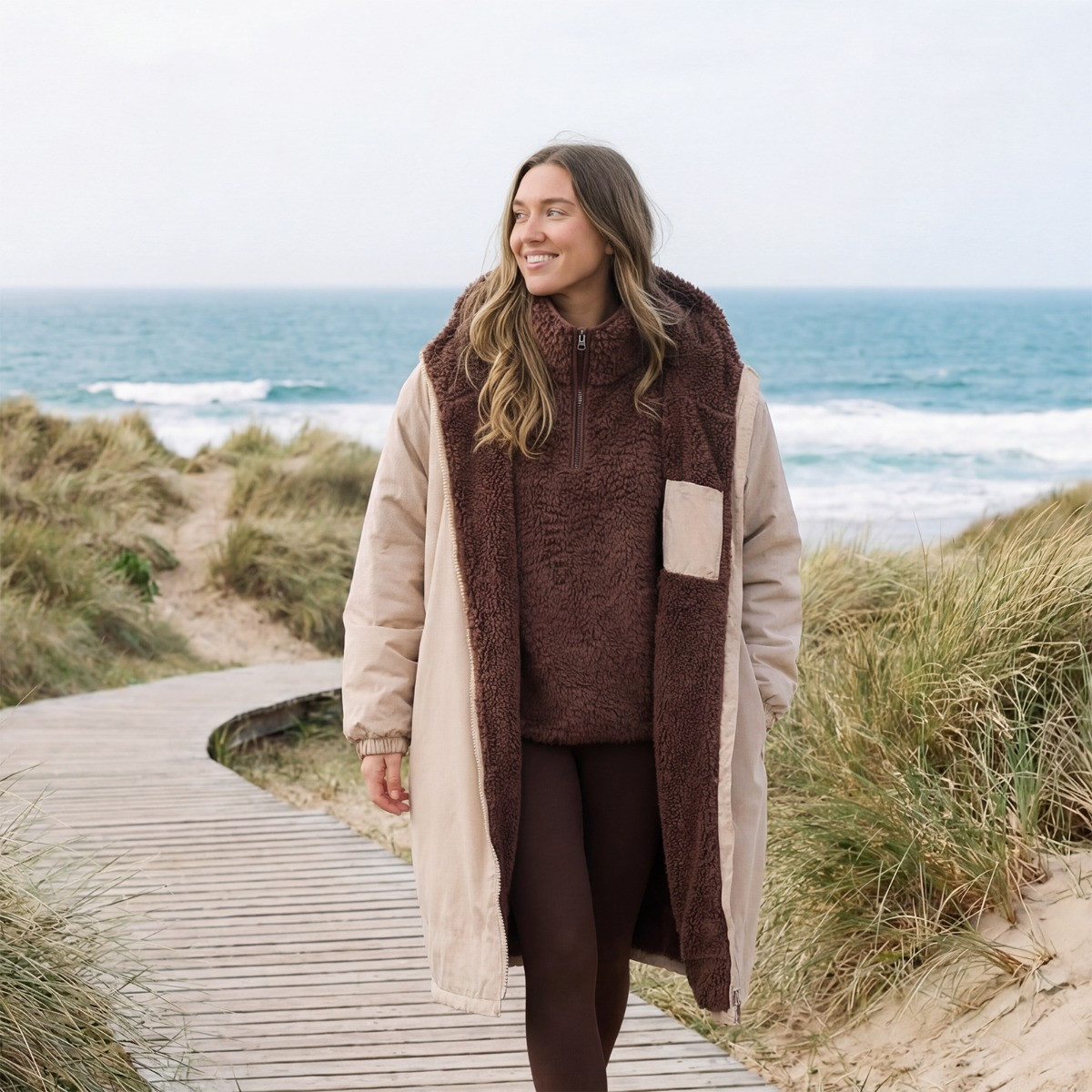 OHS Adults Water Resistant Sherpa Drying Robe - Beige>