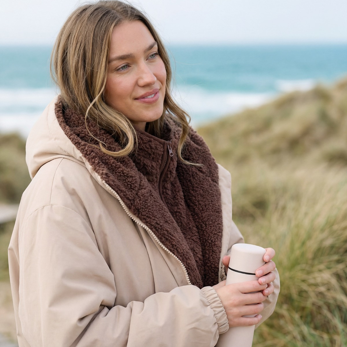 OHS Adults Water Resistant Sherpa Drying Robe - Beige>
