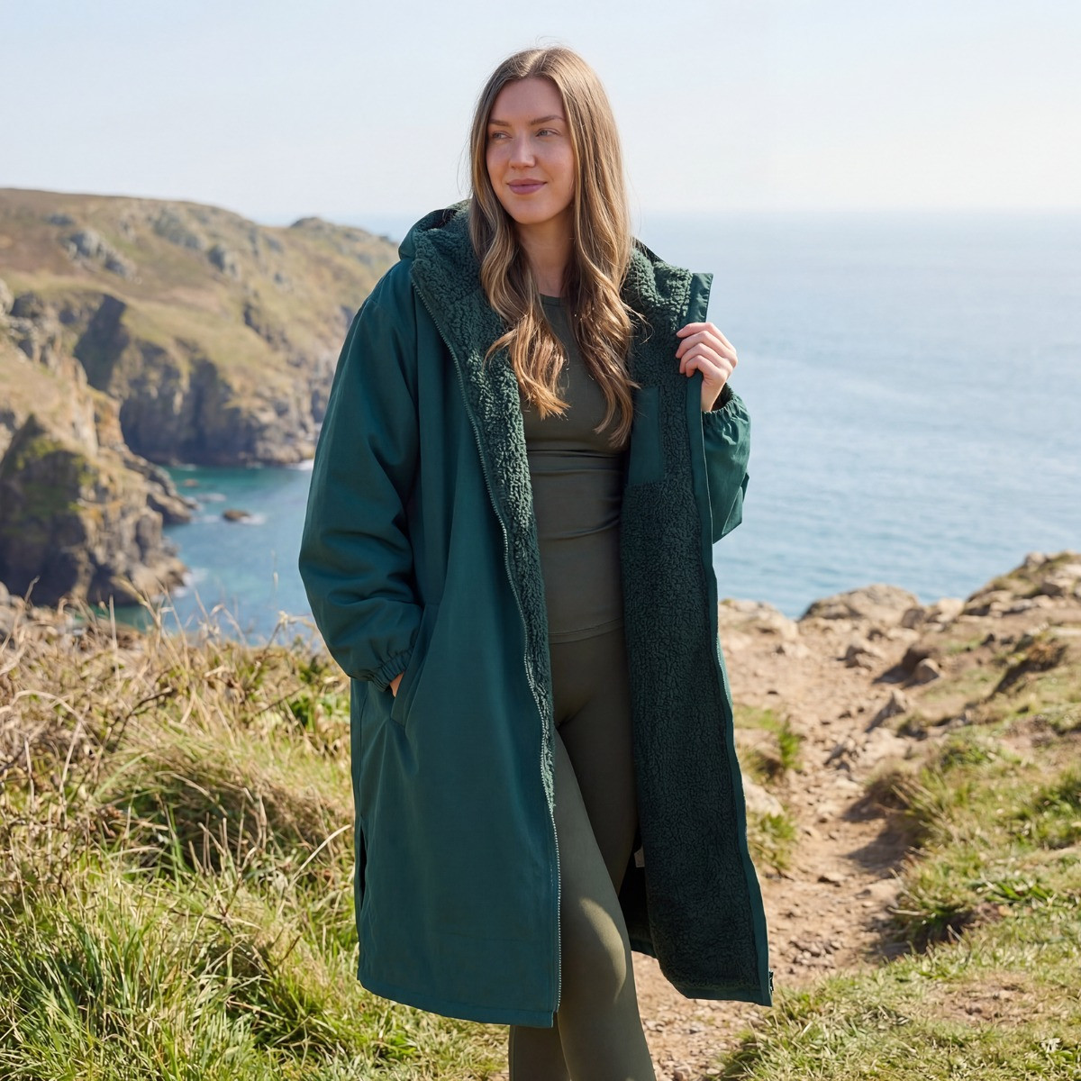 OHS Adults Water Resistant Sherpa Drying Robe - Forest Green>