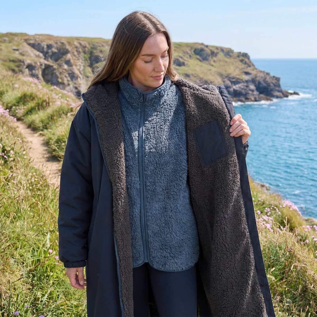 OHS Adults Water Resistant Sherpa Drying Robe - Navy Blue>
