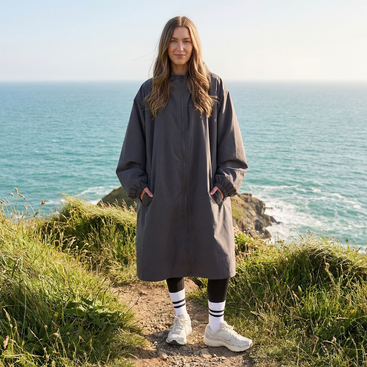 OHS Adults Water Resistant Sherpa Drying Robe - Charcoal>