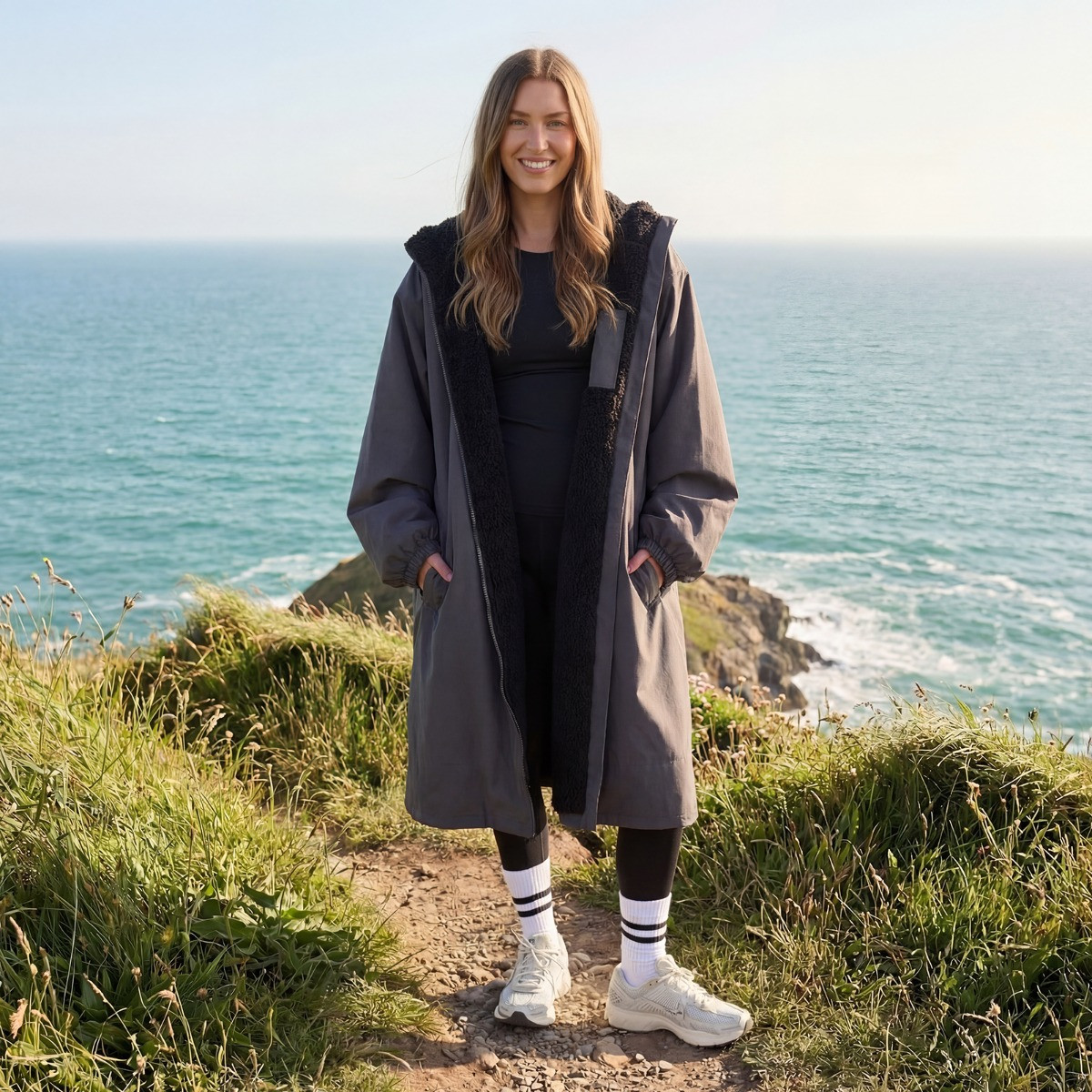 OHS Adults Water Resistant Sherpa Drying Robe - Charcoal>