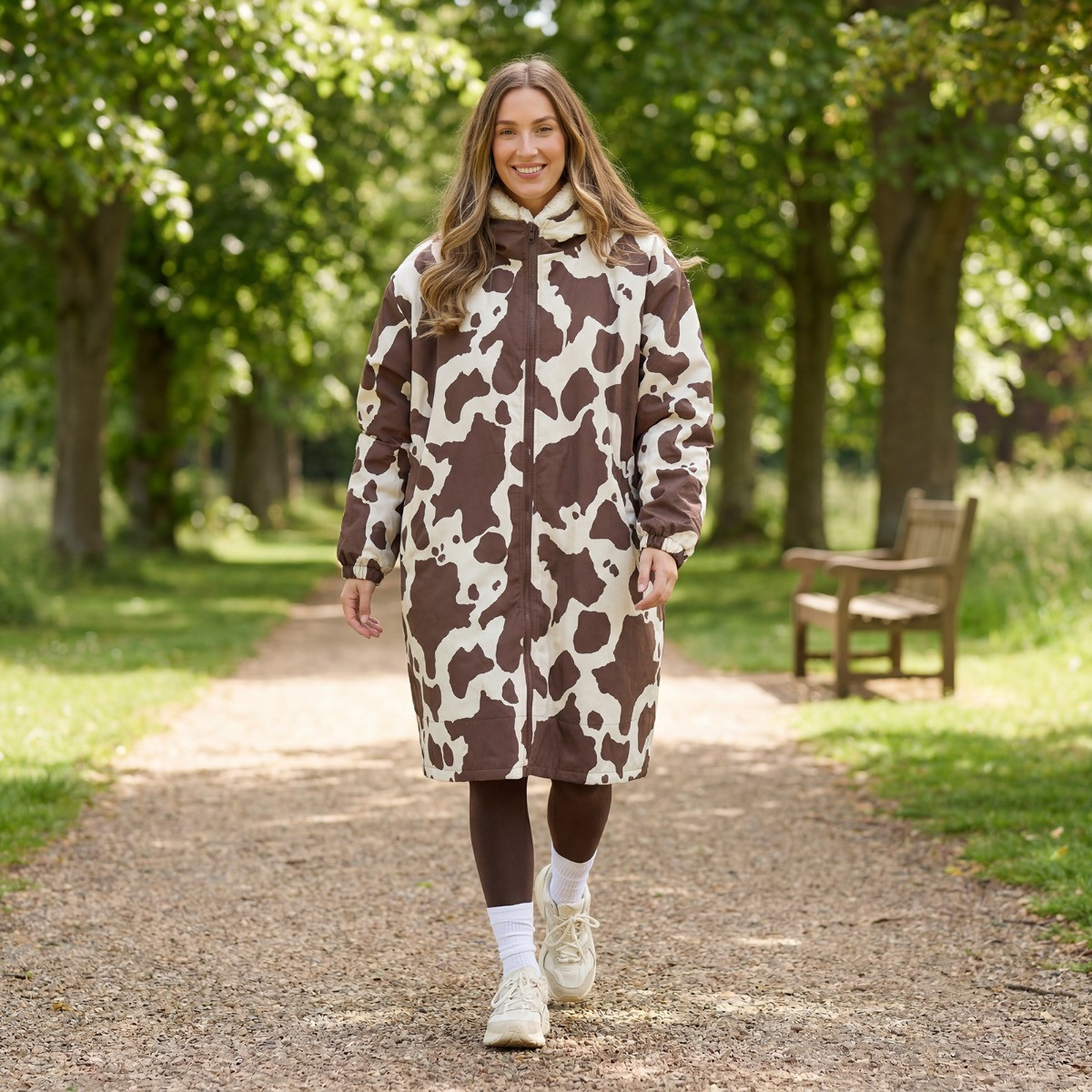 OHS Adults Water Resistant Cow Print Sherpa Drying Robe - Brown/Cream>