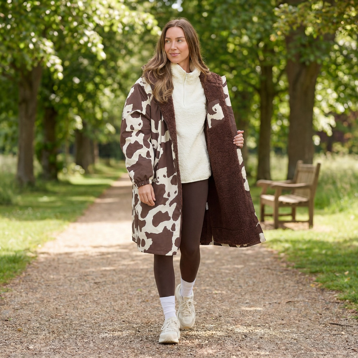 OHS Adults Water Resistant Cow Print Sherpa Drying Robe - Brown/Cream>