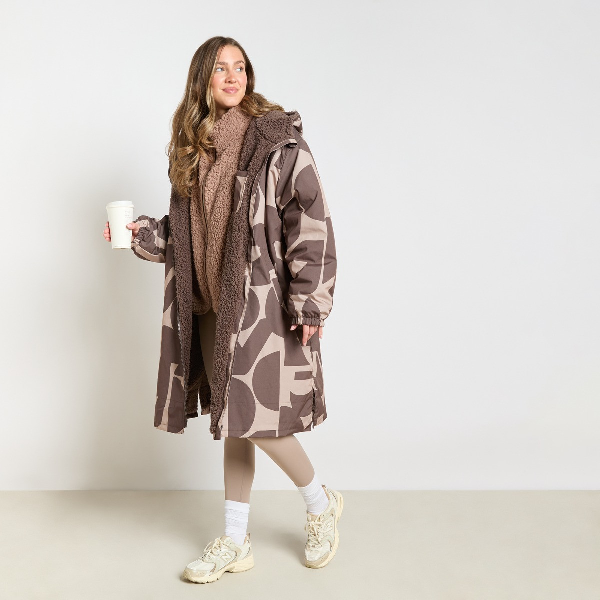 OHS Adults Water Resistant Geometric Print Sherpa Drying Robe - Brown>