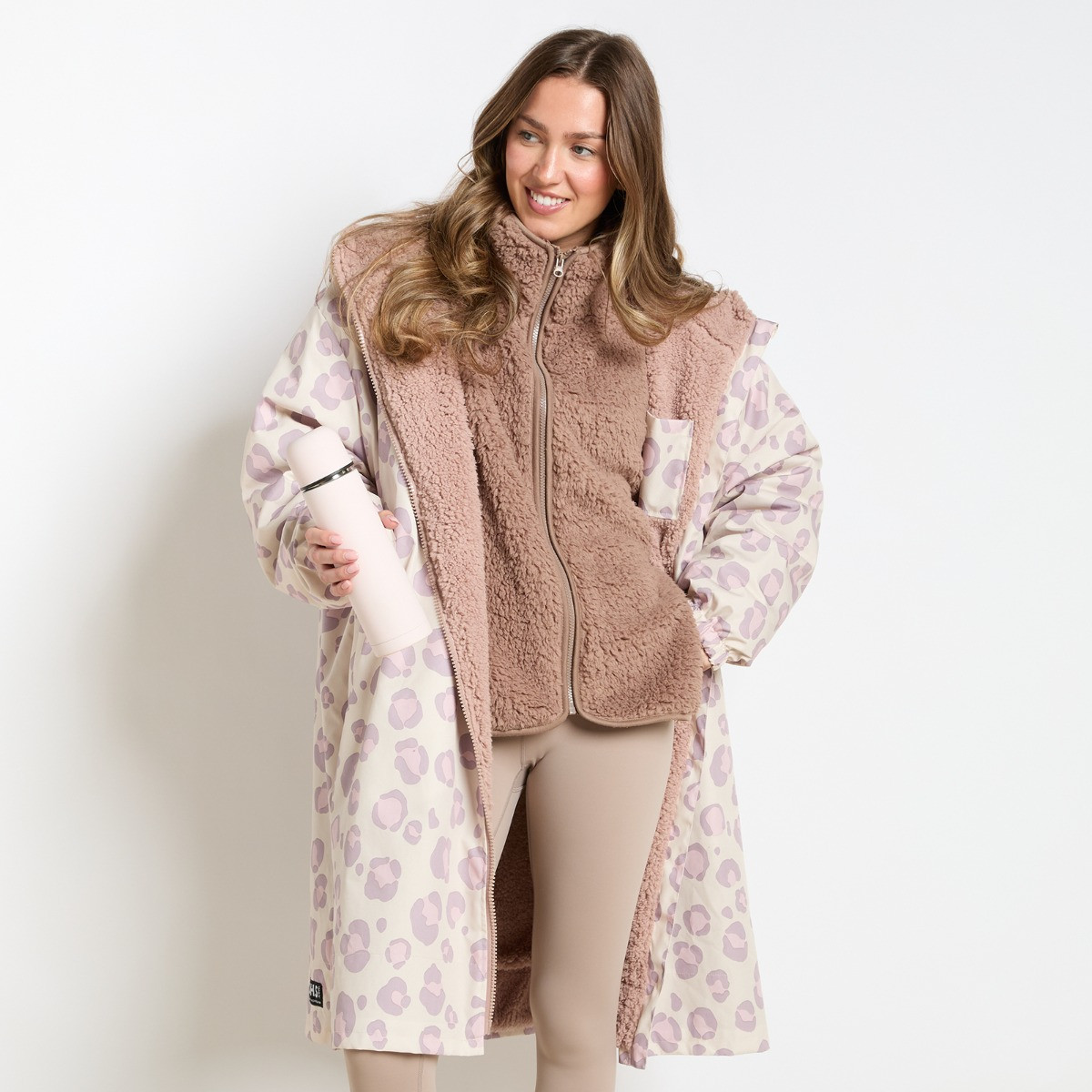 OHS Adults Water Resistant Leopard Print Sherpa Drying Robe - Beige>