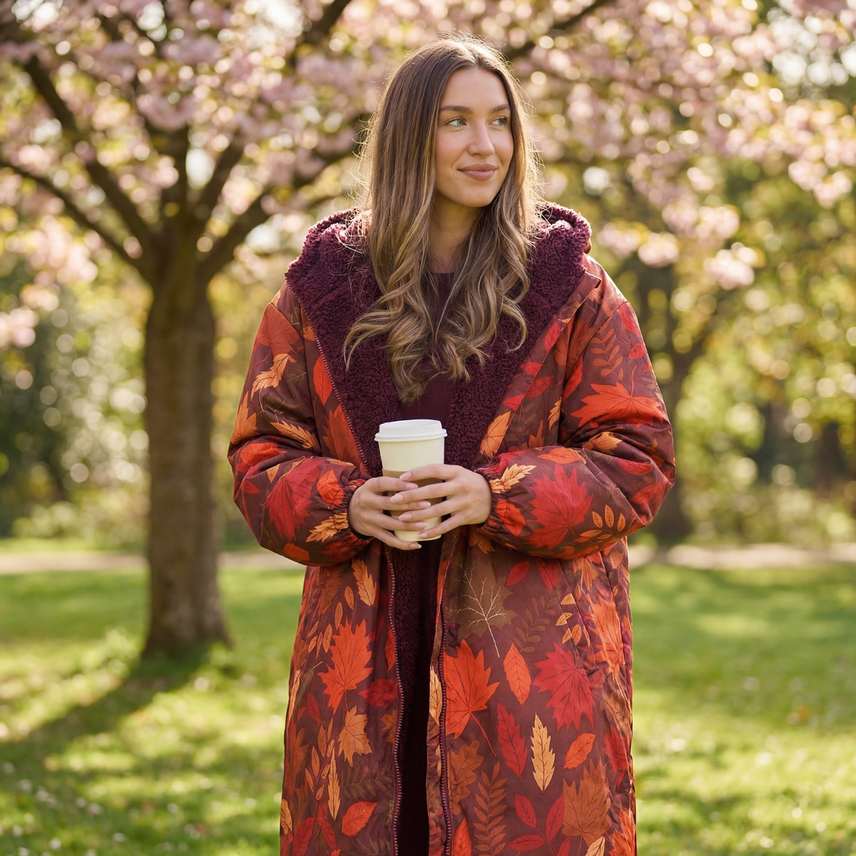 OHS Adults Water Resistant Autumn Leaves Print Sherpa Drying Robe - Orange/Burgundy>