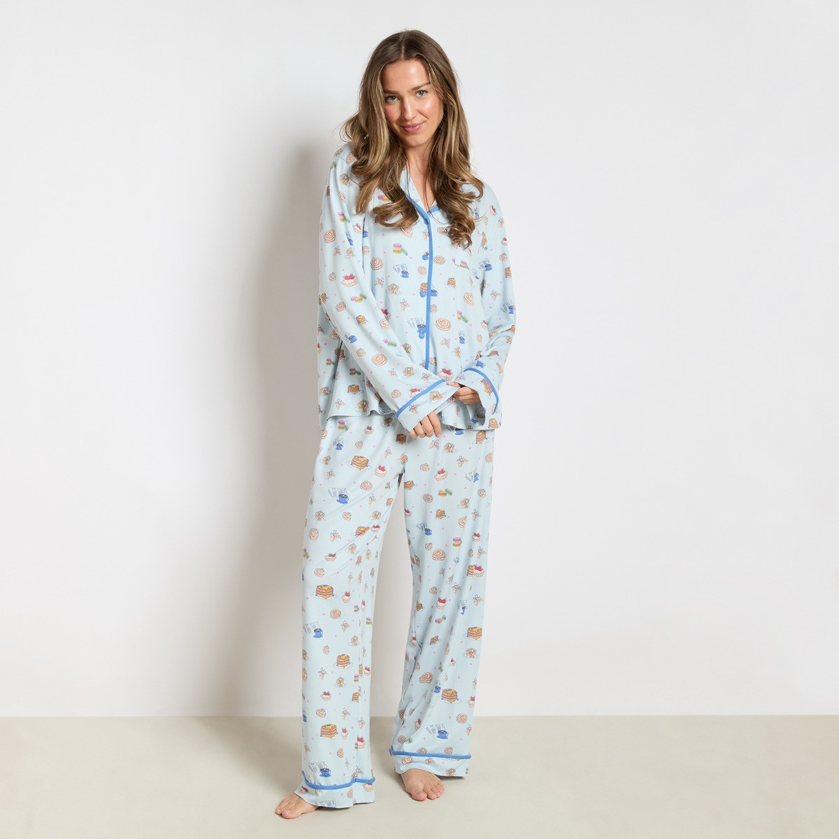 OHS Breakfast Print Piped Jersey Pyjama Set - Blue>