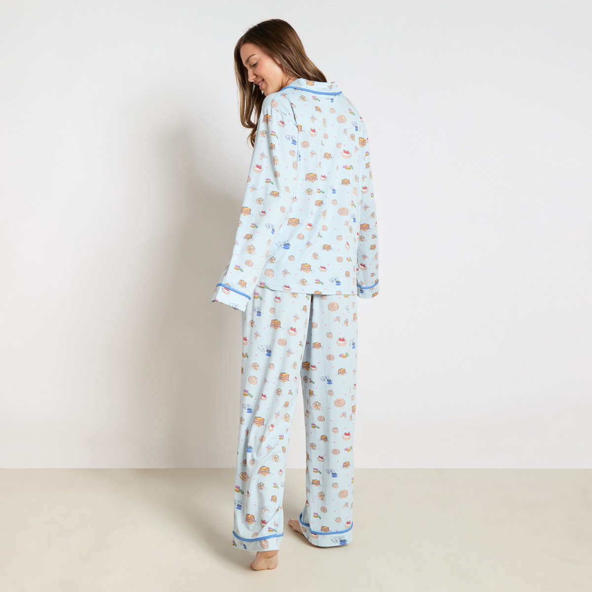 OHS Breakfast Print Piped Jersey Pyjama Set - Blue>