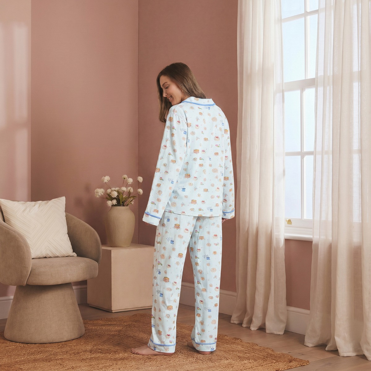 OHS Breakfast Print Piped Jersey Pyjama Set - Blue>