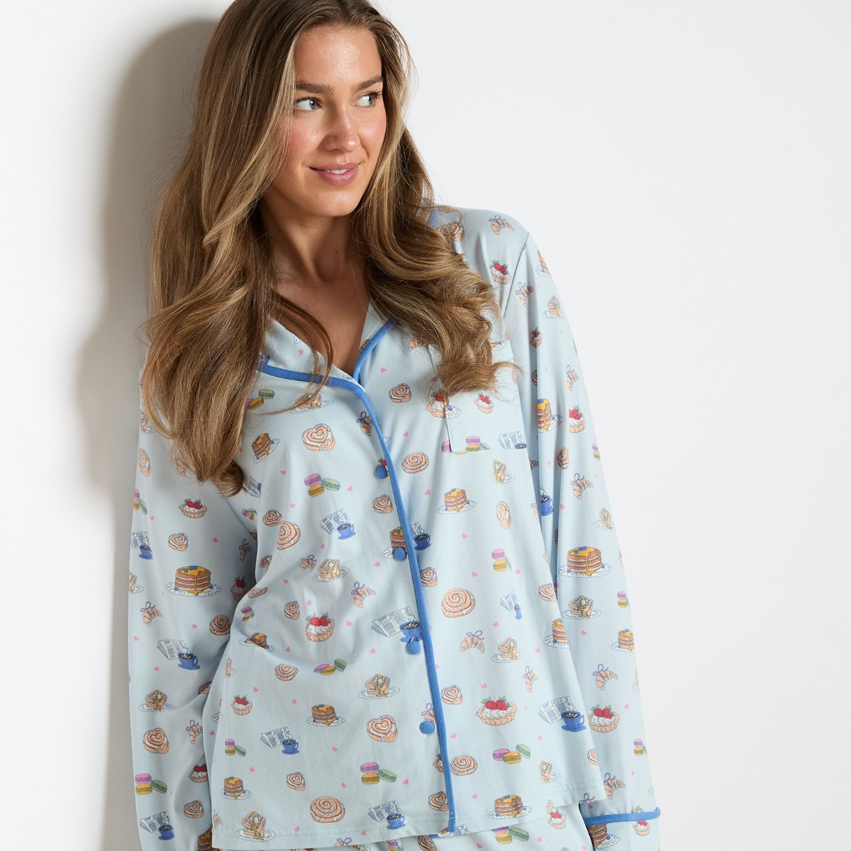 OHS Breakfast Print Piped Jersey Pyjama Set - Blue>