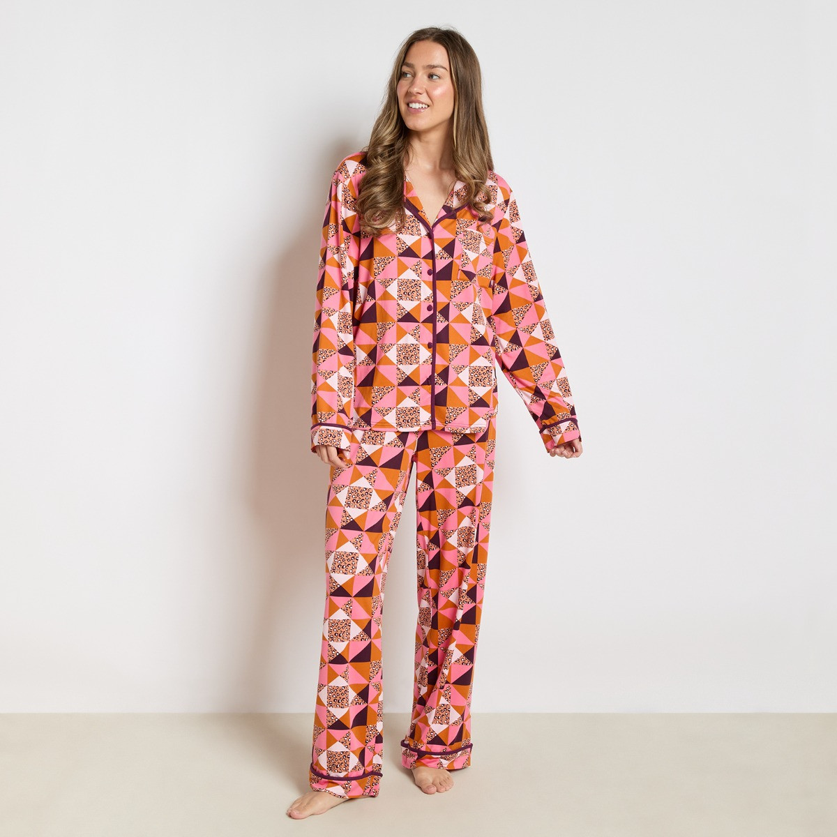 OHS Geometric Leopard Print Piped Jersey Pyjama Set - Pink>