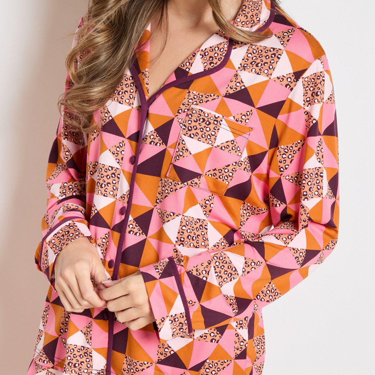 OHS Geometric Leopard Print Piped Jersey Pyjama Set - Pink>