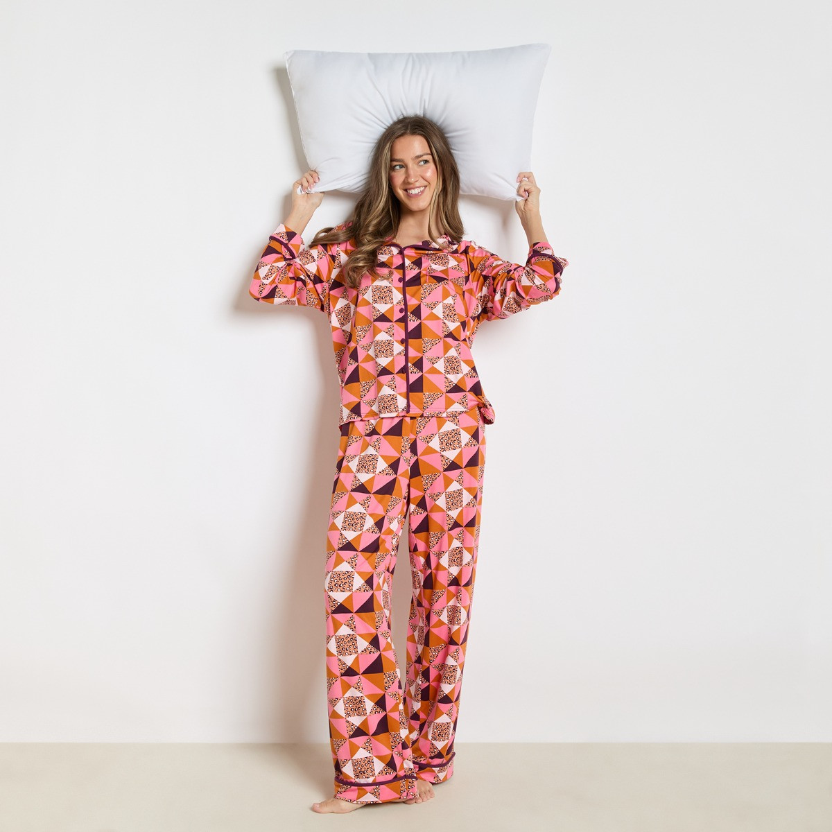 OHS Geometric Leopard Print Piped Jersey Pyjama Set - Pink>